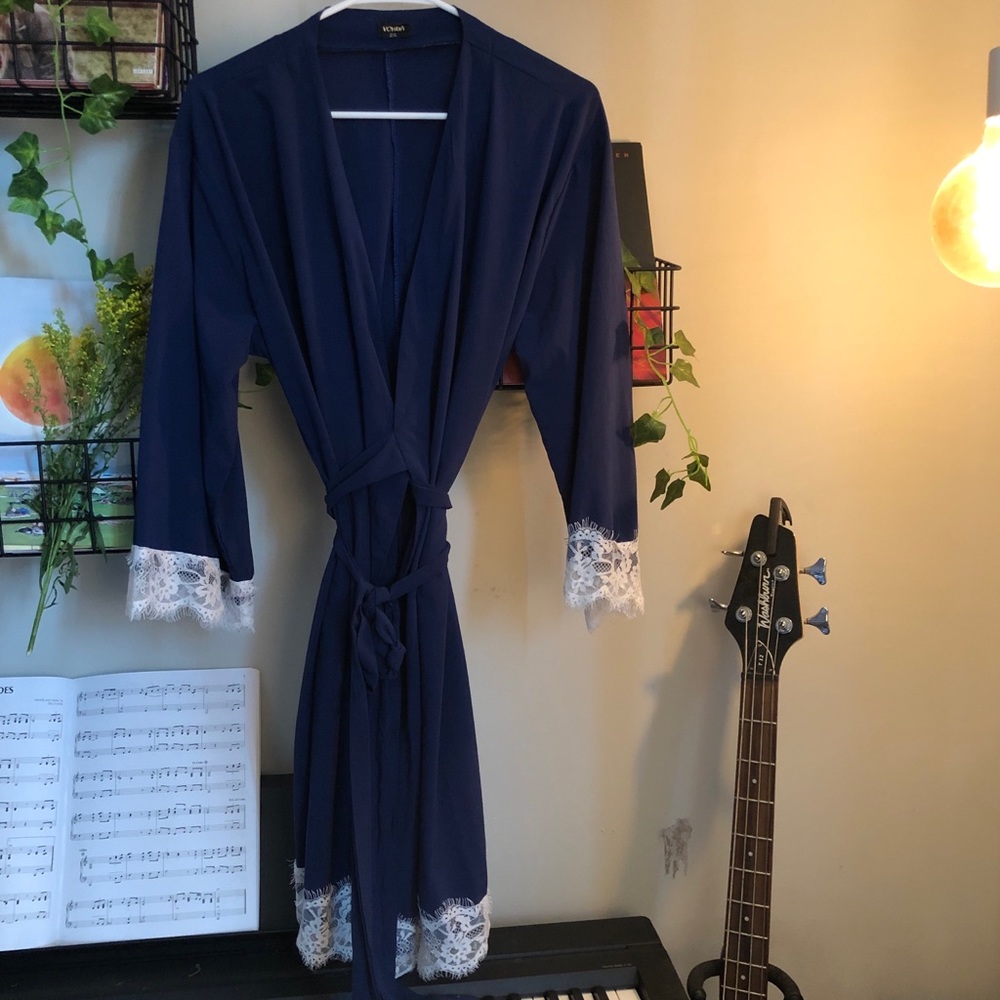 Navy Robe with Lace Details